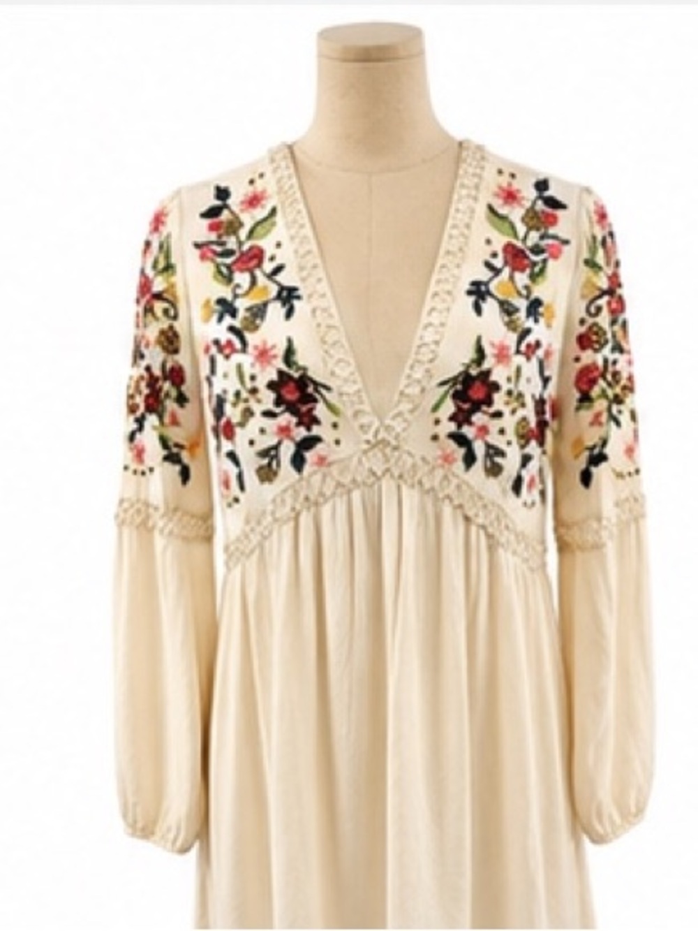 En Crème Embroidered Boho Babydoll Tunic Dress Ivory Rayon Embroidery Medium